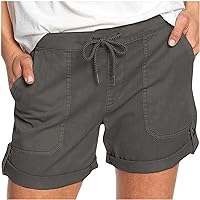 Women's Baggy Linen Shorts Summer Bermuda Short with Pocket, Solid Casual Short Pants Elastic High Waist Drawstring Shorts