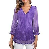 Youtalia Women's Ruffle 3/4 Sleeve Tunic Tops Floral Blouses Casual Double Layers V Neck Dressy Shirts