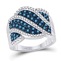 TheDiamondDeal 10kt White Gold Womens Round Blue Color Enhanced Diamond Striped Fashion Ring 3/4 Cttw