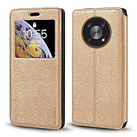 Cubot Max 3 Case, Wood Grain Leather Case with Card Holder and Window, Magnetic Flip Cover for Cubot Max 3 (6.95”) Gold