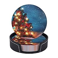 Christmas Tree Picture Printed Drink Coasters with Holder Leather Coasters Set of 6 Tabletop Protection Decorate Cup Mat for Coffee Table Bar Kitchen Dining Room