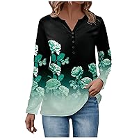 Button Down Shirts for Women Cute Ethnic Floral Henley T-Shirt Long Sleeve Baggy Sweatshirt Casual Daily Tops