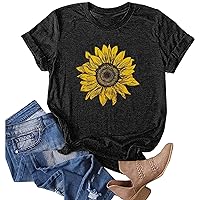 ZEFOTIM Boho Shirts for Women,Summer Casual Sunflower Print Fit Tops Shirts Loose Short Sleeve Crewneck Tunic Blouse Tees Womens Tops and Blouses Womens Graphic Tees(D-Black,XX-Large)
