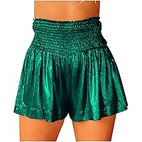 Summer High Waist Shorts for Women, Cute Ruffle Trim Shorts Elastic Smocked Waist Short Pants Solid Casual Beach Short