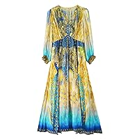 Women Dress Silk Peacock Printed V Neck Long Sleeve Back Elastic High Waist Vacation Long Dress 2817