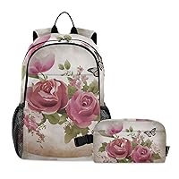 ALAZA Vintage Old Paper with Roses and Butterfly Backpack and Lunch Bag Set Back Pack Bookbag Cooler Case Kits