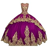 Gold Embellished Patterned Ball Gown Quinceanera Dresses Mexican Sheer Neck Keyhole Back Sweet 15