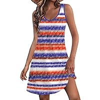 4th of July Outfits for Women Plus Size 4th of July Dress Women 2024 American Print Vintage Fashion Casual with Sleeveless Round Neck Sundresses Vermilion 3X-Large