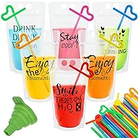 50 Pcs Drink Pouches for Adults, Reusable Drink Pouches with Straws Funnel, Funny Text Juice Pouches for Adults Teen, Novelty Hand-held Plastic Smoothie Pouches for Drinks(5 Styles)