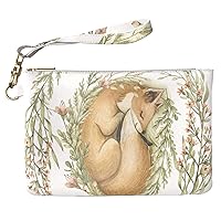 Makeup Bag 9.5 x 6 inch Portable Organizer Design Nice Print PU Leather Toiletry Zipper Travel Case Strap Accessories Animal Leaves Drawing Sleeping Fox Cute Purse Pouch Cosmetic Green Storage
