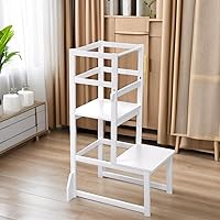 Toddler Step Stool Toddler Kitchen Stool, Adjustable-Height Toddler Tower Stool Kitchen Wooden Helper Step Stools for Kids, White