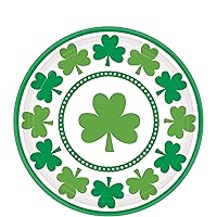 Amscan St. Patrick Lucky Shamrocks Round Plates, 7'' (8-Pack) - White & Green Perfect Party Plates for St. Patrick's Day Celebration & Events