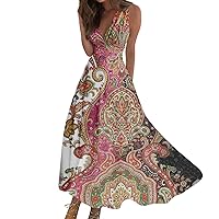 Summer Dresses for Women 2024 Wrap V Neck Sundresses Flowy Elegant Maxi Dress Floral Print Sleeveless Beach Dress