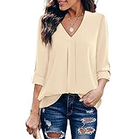 Youtalia Womens 3/4 Cuffed Sleeve Chiffon Printed V Neck Casual Blouse Shirt Tops