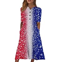 Womens Casual Summer Dresses 2024 Independence Day Print V-Neck Buttons Comfy Vintage Boho Midi Dress with Pockets