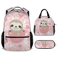 Sloth Backpack with Lunch Box, Set of 3 School Backpacks Matching Combo, Cute Pink Bookbag And Pencil Case Bundle