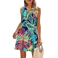 Beach Dress for Women Sun Dresses for Women Casual Hawaii Print Fashion Sexy Slim Fit with Sleeveless Halter Kehole Neck Summer Dress Blue Medium