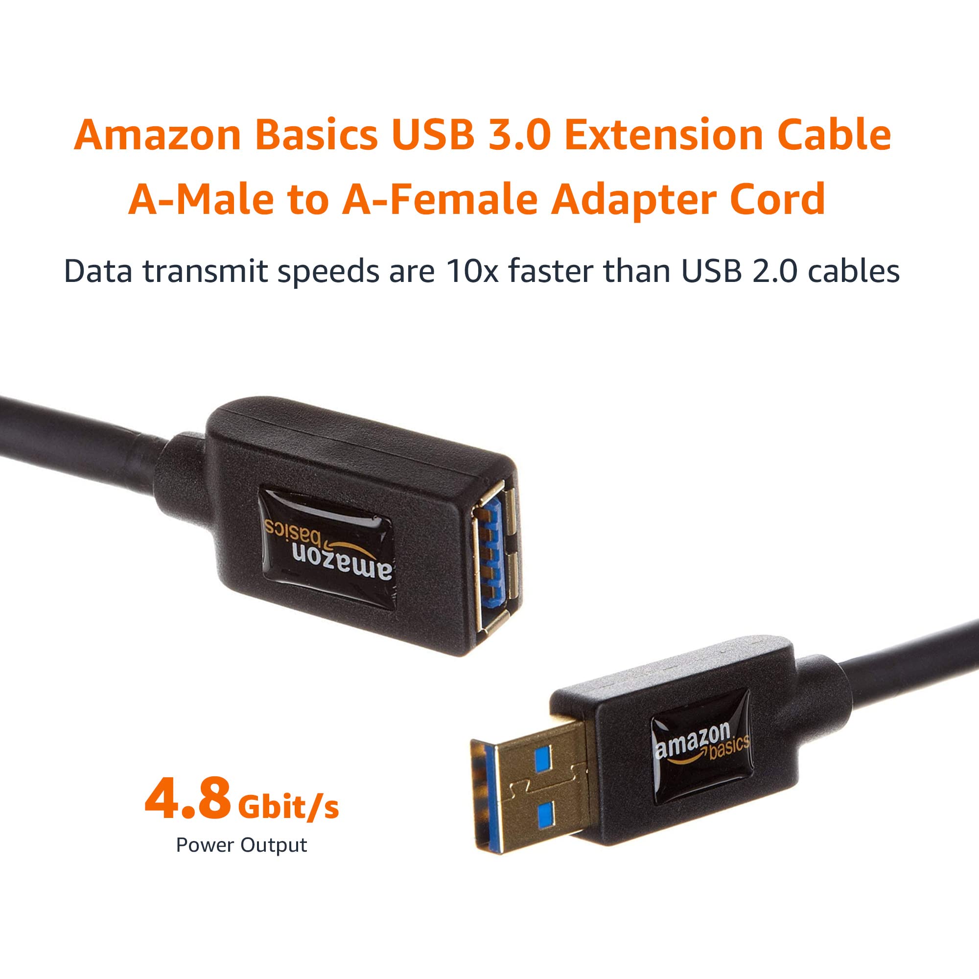 Amazon Basics USB-A 3.0 Extension Cable, 4.8Gbps High-Speed, Male to Female Gold-Plated Connectors, 3.3 Foot, Black