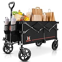 Collapsible Folding Wagon, Wagon Cart Heavy Duty Foldable with Two Drink Holders, Utility Grocery Wagon for Camping Shopping Sports, S2, Black