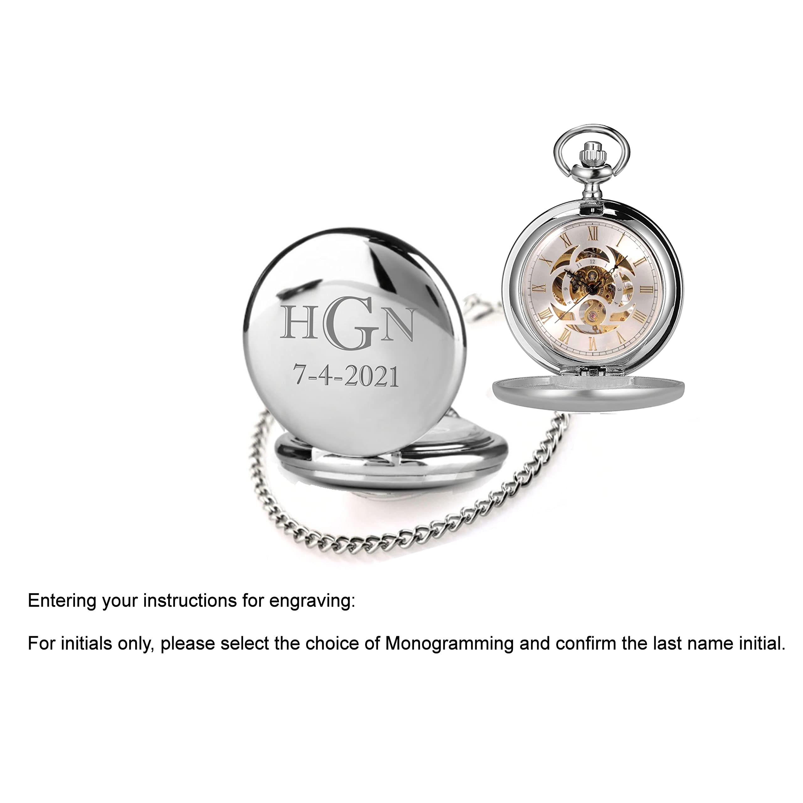 Personalized Antique Mechanical Movement Silver Pocket Watch Custom Engraved Free with Gift Box - Ships from USA (PW51)