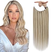 Fshine Wire Hair Extensions Fish Line Hair Extensions Real Human Hair Color 16P22 Blonde Secret Hairpiece 80 Gram Wire Human Hair Extensions Straight Remy Hair with Transparent Line 16 Inch