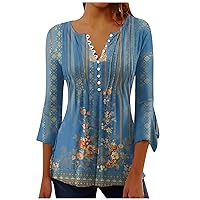 Womens Fall Fashion Blouse Plus Size Loose Tunic Tops Long Sleeve Blouses Floral Print V Neck Button Henley Shirts
