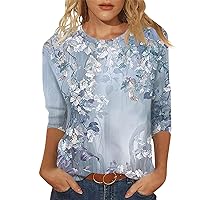 Sexy Tops for Women,3/4 Length Sleeve Womens Tops Round Neck Fashion Loose Fit Shirts Solid Color Printing Holiday Tunic Blouse Plus Size Tops for Women 3/4 Sleeve
