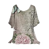 Womens Tops Dressy Casual,Women Casual Linen Blouse Summer Short Sleeve O Neck T Shirt Loose Floral Pattern Print Tunic Top for Women Work Long, A5#beige, XX-Large