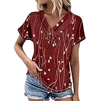 Shirt for Women Dressy Button Down Tunic Y2K Tops Short Sleeve Floral Print Blouses Henley V Neck Summer Tops