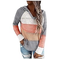 LEKODE Sweater Women's V-Neck Hoodie Casual Patchwork Knitting Tops