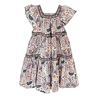 Toddler Girl's Print Ruffle Trim Round Neck Puff Sleeve Flared A Line Dress for Girls 5 Years Old
