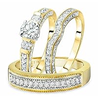 Round Cut White Diamond in 925 Sterling Silver 14K Yellow Gold Over Diamond Wedding Band Bridal Trio Ring Set for Him & Her