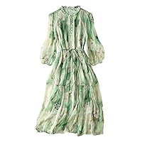 Women Dress Silk Floral Embroidery Mock Neck Long Sleeve Waist Rope Midi Green A Line Skirt 2788