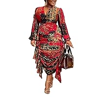 Molisry African Dress for Women Long Sleeve Floral Printed Bodycon Dress Ruched Maxi Vintage Dress Plus Size
