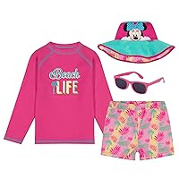 Disney Girls' Frozen & Minnie Mouse 4-Piece Kids Set, Long Sleeves Rash Guard, Swim Shorts, Glasses & Bucket Hat Ages 3-8