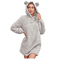 Women's Fluffy Bear Hooded Tunic Mini Pullover Dresses Cute Fuzzy Fleece Sweatshirt Hoodies Long Sleeve Plain Dress
