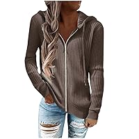 Women's Autumn Winter Rib Knit Long Sleeve Hoodies Zip Up with Drawstring Casual Loose Cardigan Sweater Outwear Coat