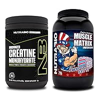 NutraBio Creatine Monohydrate, Unflavored, (300 g) and Muscle Matrix Protein Powder, (Freedom Fetti) Supplement Bundle – Muscle Energy, Maximum Growth, Recovery, and Strength