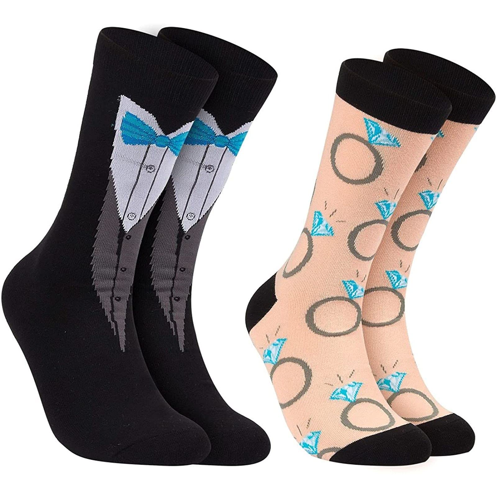 2 Pairs Bride and Groom Wedding Socks, Novelty Tuxedo and Diamond Ring Designs, One Size