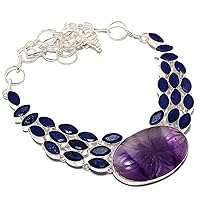 Carved Amethyst Sage, Sapphire 925 Sterling Silver Necklace 18