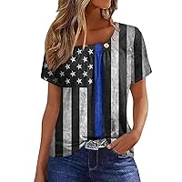 American Flag 4Th of July Tops for Women 2024 Dressy Stars and Stripes Print Button Boat Neck Short Sleeve Tee Blouses