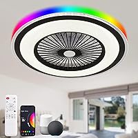 Smart 24in Ceiling Fan with Light - Alexa/Google and App Control 6 Speeds with LED-RGB Back Ambient Light, Low Profile Bladeless Design Perfect for Bedrooms and Living Room
