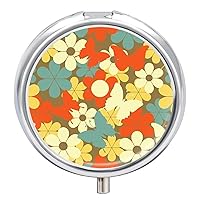 Round Pill Box Flowers and Butterflies Portable Pill Case Medicine Organizer Vitamin Holder Container with 3 Compartments