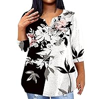Plus Size Blouses for Women, Tshirts Shirts for Women Womens Shirts Casual Womens Fashion 3/4 Sleeve Shirt V Neck Tops Daily Printed Trendy Casual Shirt Plus Size Loose Summer (Pink,XX-Large)