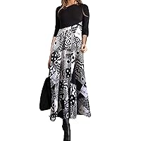 Women Boho Floral Print Maxi Dress V-Neck Color Block Long Sleeve Empire Waist Patchwork Stretch Tunic A-Line Dress