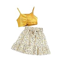 Summer Toddler Girls Sleeveless Solid Color Ribbed Tops Floral Prints Skirt Two Piece Vintage Clothes for Little