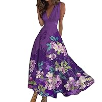 Sundresses for Women,2024 Spring Summer Elegant Wrap V Neck Sleeveless Maxi Dress,Trendy Floral Print Flowy Beach Dress