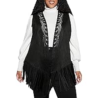 WDIRARA Women's Plus Fringe Sleeveless Vest Fringe Tassel Faux Suede Open Front 70S Hippie Jacket Cardigan