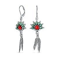 South West Native American Style Squash Blossom Turquoise Coral Gemstone Feather Leaf Earrings Western Jewelry For Women Teen .925 Sterling Silver Lever Back