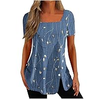 Limited of Time Deals Today Prime Ladies Square Neck Shirt Side Slit Tunic Tee Casual Trendy Blouses for Women Boho Print Summer Tops 2024 Clothes Cotton Summer Tops for